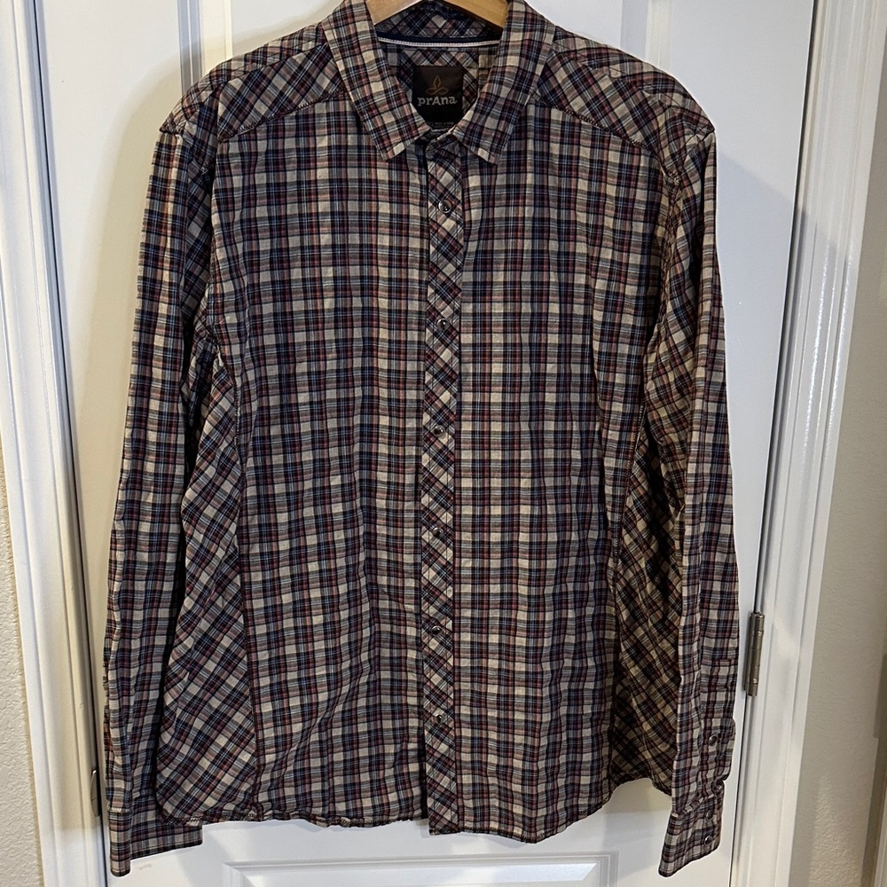 prAna Men's Plaid Button-Up Shirt in Multicolor (Blue/Gray) XXL